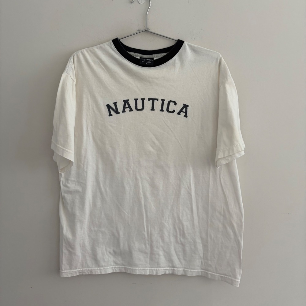 Nautica Mens XL Graphic Logo Ringer T-Shirt White Blue Cotton